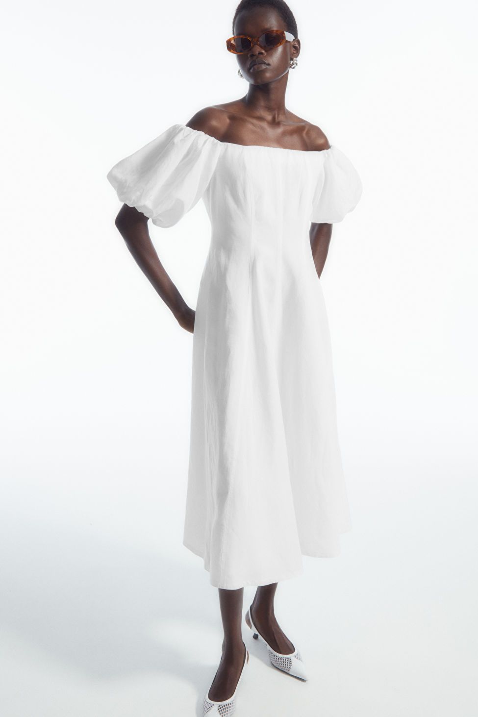 OFF-THE-SHOULDER PUFF-SLEEVE MIDI DRESS - WHITE - COS | COS UK