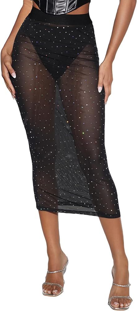 GORGLITTER Women's Sexy Rhinestone Sheer Mesh Midi Skirt High Waist Solid Pencil Skirt | Amazon (US)