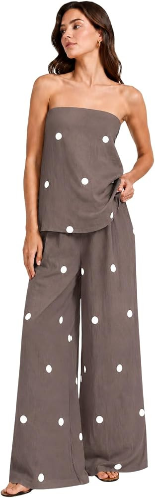 Womens Polka Dot 2 Piece Outfits Strapless Tube Top and Wide Leg Pants Set Casual Summer Lounge M... | Amazon (US)