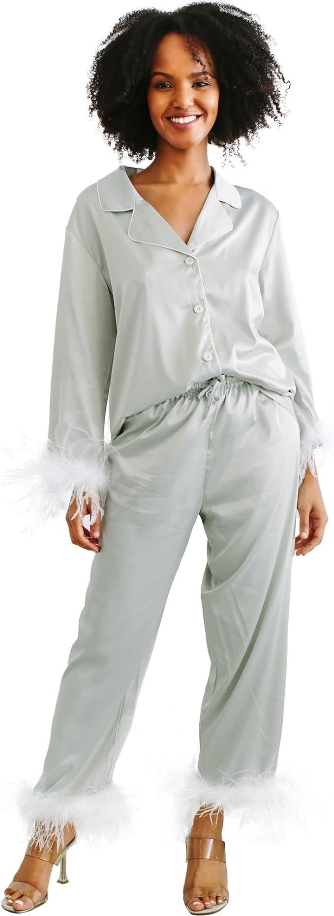 Belle's Design Women's Feather Trim Silk Satin Pajama Button Down Long Sleeve and Pants Set Sleep... | Amazon (US)