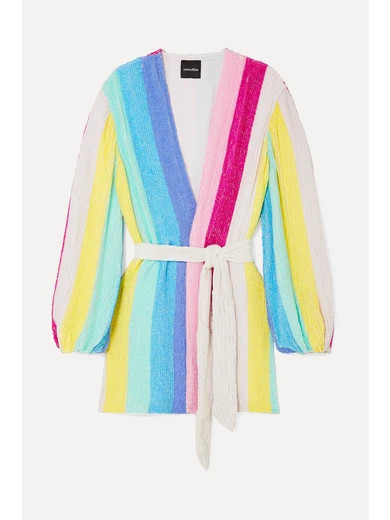 Gabrielle striped velvet-trimmed sequined chiffon mini wrap dress | NET-A-PORTER (US)