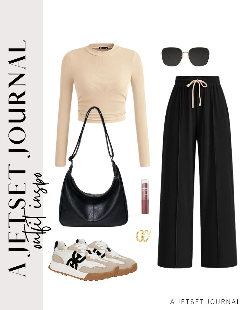 This beige-and-black two-piece lounge set, paired with Sam Edelman Langley sneakers, is our next outfit. I added the Celestina Bag that complements the fit. 

 #LTKSeasonal #LTKSaleAlert #LTKTravel
