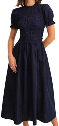 RIHOAS Plaid Gingham Midi Dress Short Sleeve Smocked Dresses for Women | Cotton,Ruffle Puff Sleev... | Amazon (US)