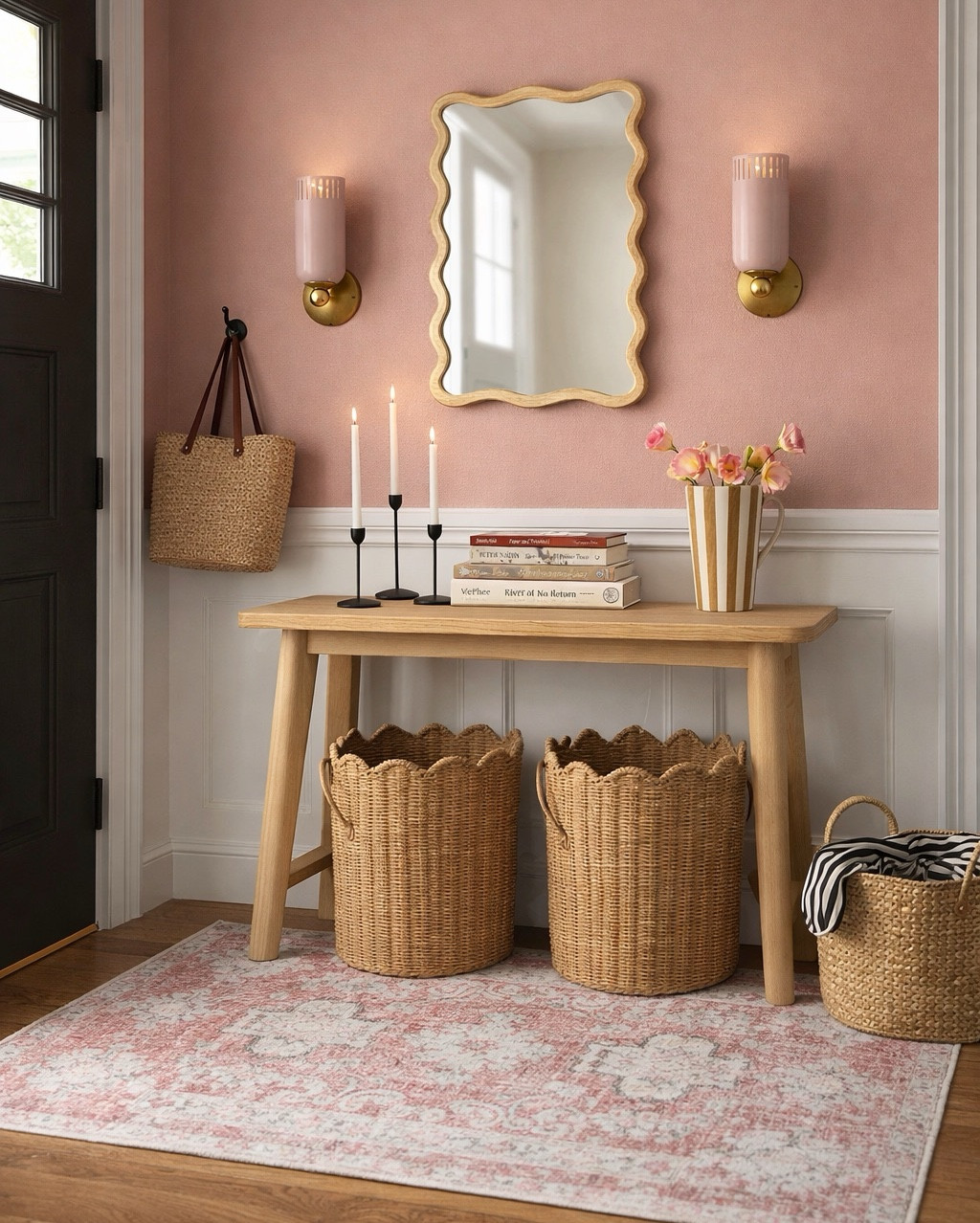 Beautiful entrance—curvy mirror, gorgeous console table from Wayfair, beautiful baskets, sculptural case and candle holders, sconces from Mitzi. #homedecor

#LTKSaleAlert #LTKHome #LTKSeasonal