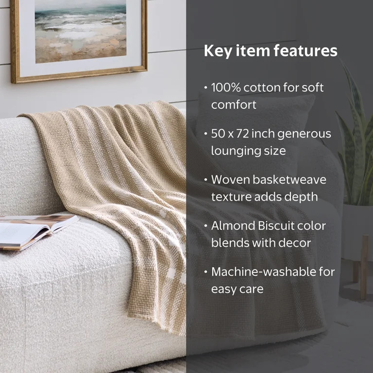 Better Homes & Gardens Almond Biscuit Woven Basketweave Throw, 50 in x 72 in | Walmart (US)