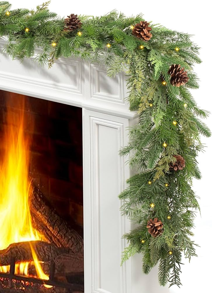 Jin&Bao 6FT Real Touch Christmas Garland with Lights, Cedar Garland Cypress Garland with 5 Types ... | Amazon (US)