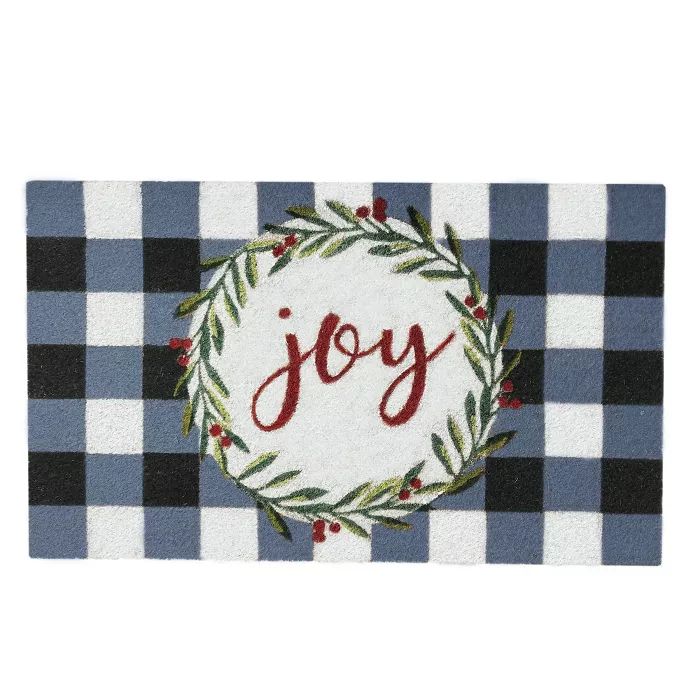 Farmhouse Living Holiday Joy Wreath with Plaid Coir Doormat - 18" x 30" - Elrene Home Fashions | Target