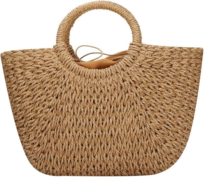 Straw Bags for Women,Hand-woven Straw Large Rattan Bag Round Handle Ring Tote Retro Summer Beach ... | Amazon (US)