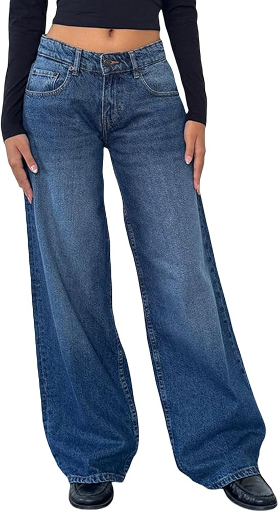 Women Y2k Low Rise Baggy Jeans Loose Fit Boyfriend Straight Wide Leg Jeans Trendy Stretch Long De... | Amazon (US)