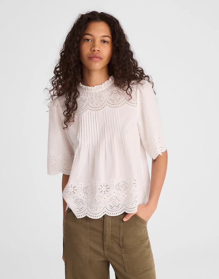 Embroidered Pintuck High-Neck Top | Madewell