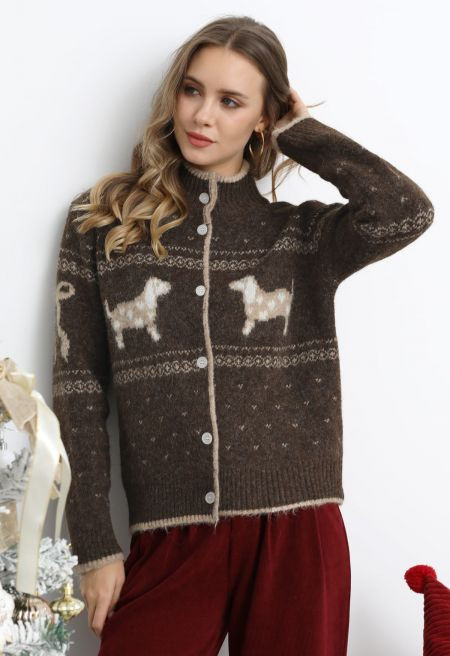 Cuddly Puppy Bow Jacquard High Neck Knit Cardigan in Brown | Chicwish