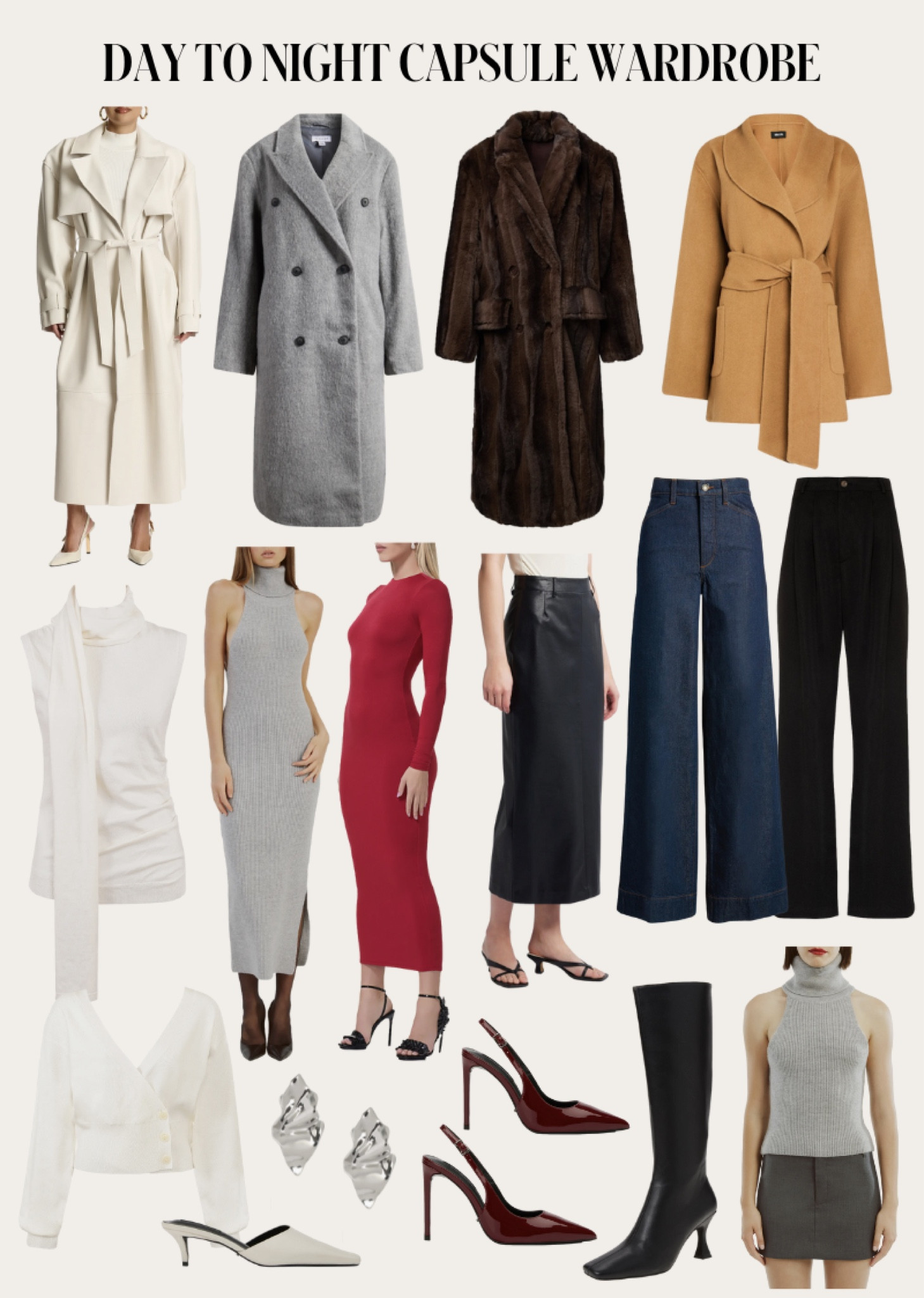 Day to night capsule wardrobe from nordstrom
Topshop gray coat
Bardot sleeveless sweater dress
Tony bianco mules
Jeffrey Campbell knee high boots
House of CB knit tops
Faux leather trench
Denim trousers 



#LTKSeasonal #LTKStyleTip #LTKFindsUnder100