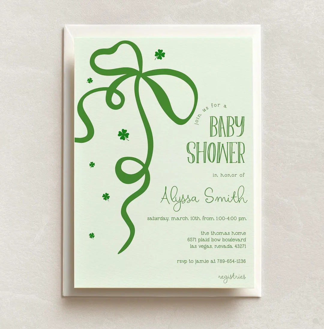 Printed St. Patrick's Day Baby Shower Invitation With a Bow, Green St Patricks Day Baby Shower In... | Etsy (US)