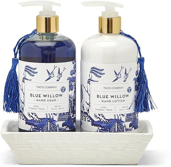 Two's Company Chinoiserie Sandalwood Scented Hand Soap and Lotion Set with Ceramic Caddy | Amazon (US)