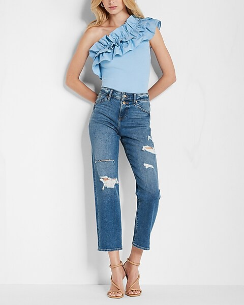 Poplin Ruffle One Shoulder Thong Bodysuit | Express