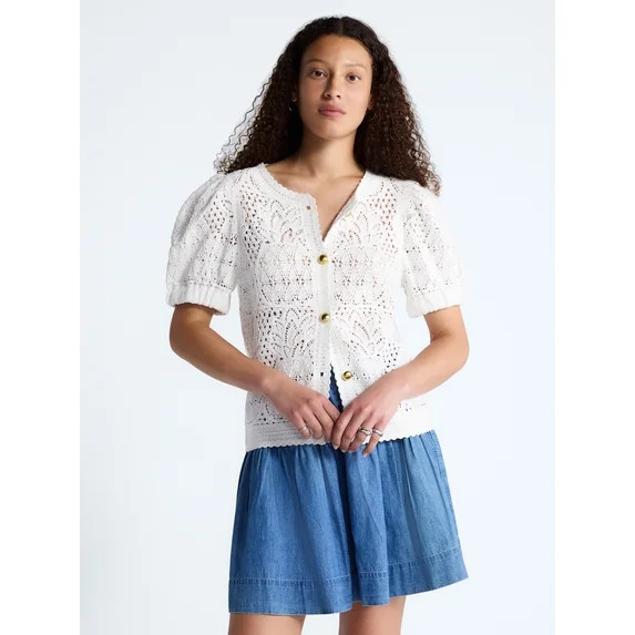 Free Assembly Women's and Women's Plus Pineapple Cardigan Sweater with Short Puff Sleeves, Lightw... | Walmart (US)
