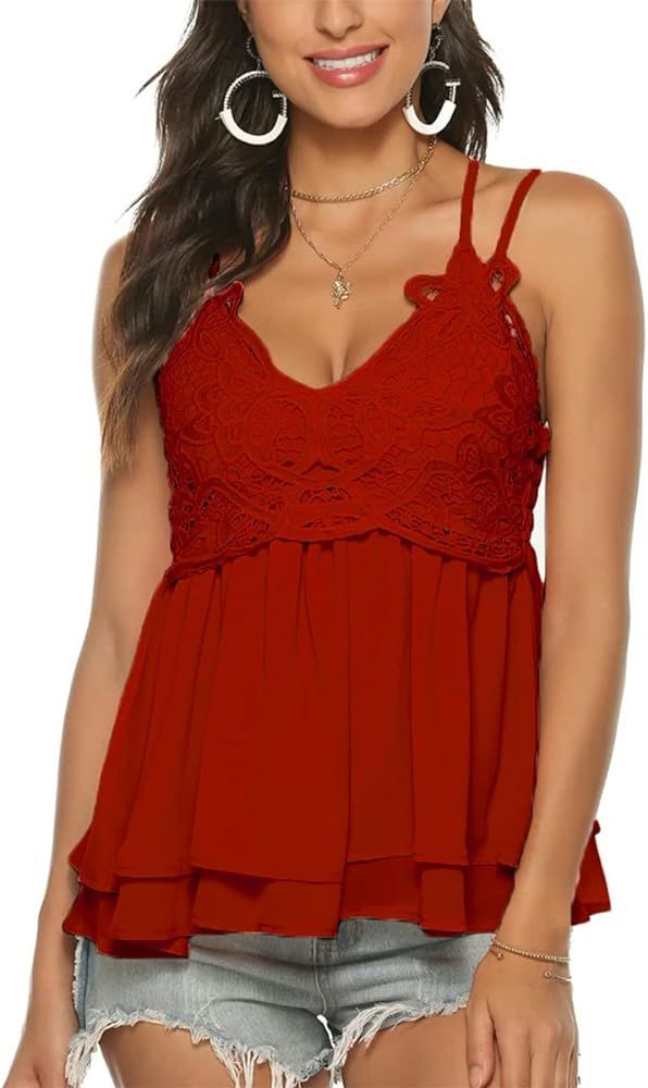 Feager Women Lace V Neck Chiffon Cami Tank Top Spaghetti Strap Sleeveless Shirts | Amazon (US)