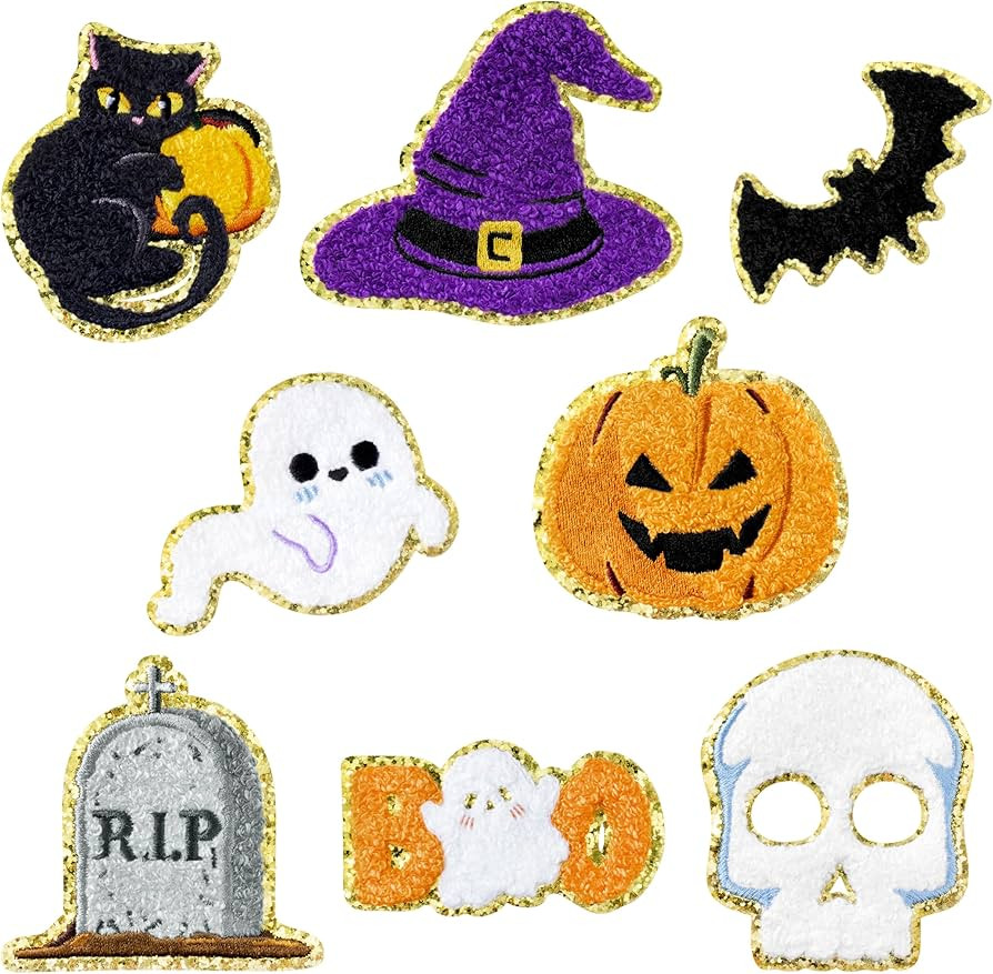 8 Pcs Halloween Chenille Patches Cute Glitter Pumpkin Ghost Boo Skull Witch Bat Sew Iron on Repai... | Amazon (US)