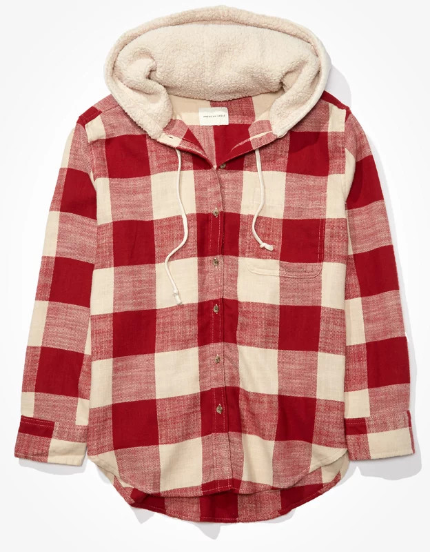AE Plaid Flannel Hooded Button Up Shirt | American Eagle Outfitters (US & CA)