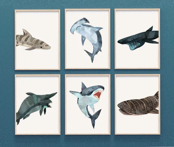 Shark Wall Prints Set of 6 Shark Nursery Theme Ocean Animal | Etsy | Etsy (US)