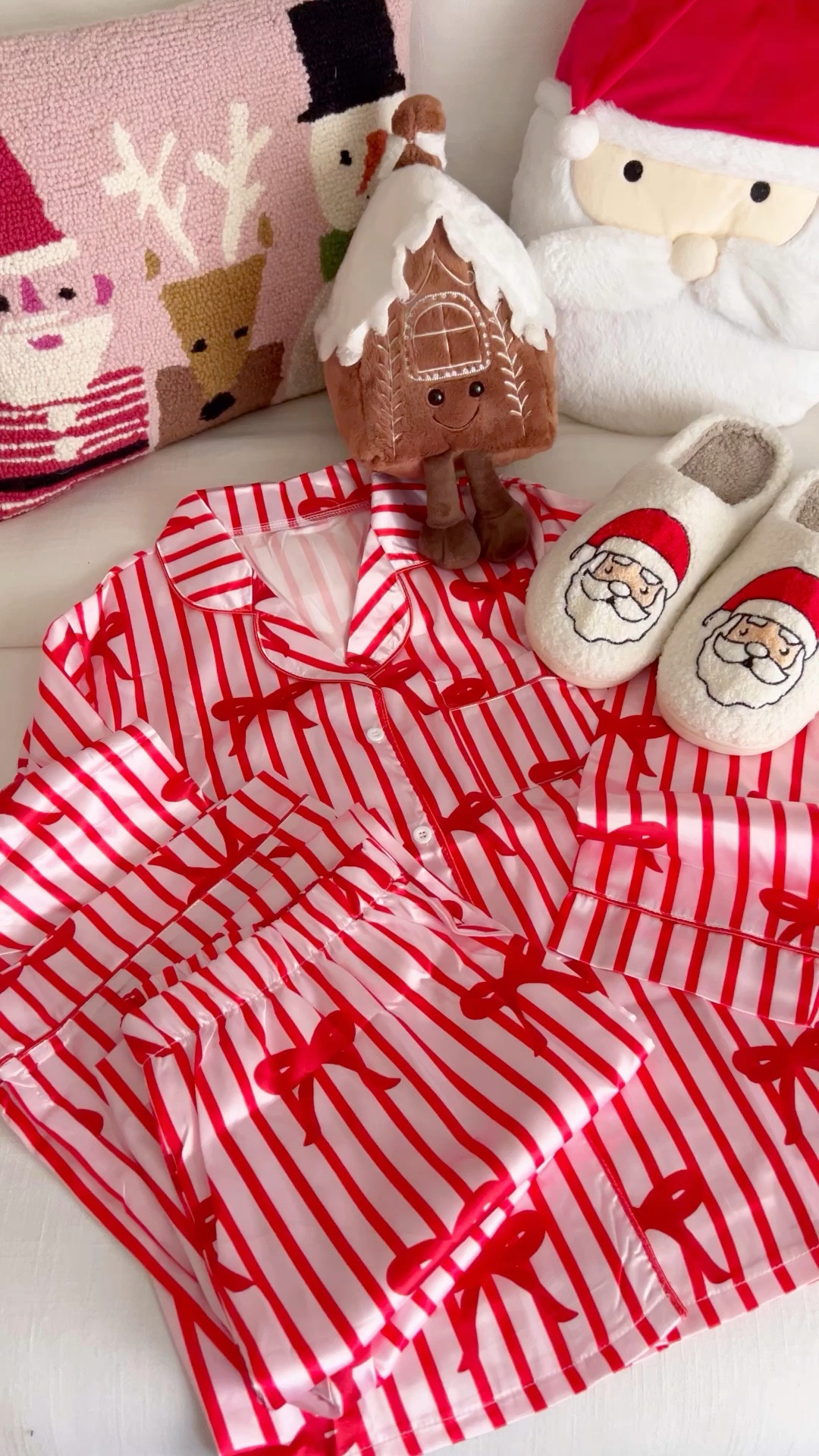 Amazon Christmas pajamas, Amazon Christmas jammies, Christmas pjs, pajama set, bow pajamas, Amazon gift guide for her, Amazon gift ideas for her, Amazon gifts for her, bow Christmas, coquette Christmas, LoveShackFancy, slippers 

These bow pajamas are SO CUTE!😍🎀 Size up one! I did L for loose fit and since they’re satin/don’t stretch, and they’re perfect! Paired with the cutest Santa slippers!🎅🏼 

#LTKHoliday 

#LTKFindsUnder50 #LTKGiftGuide
