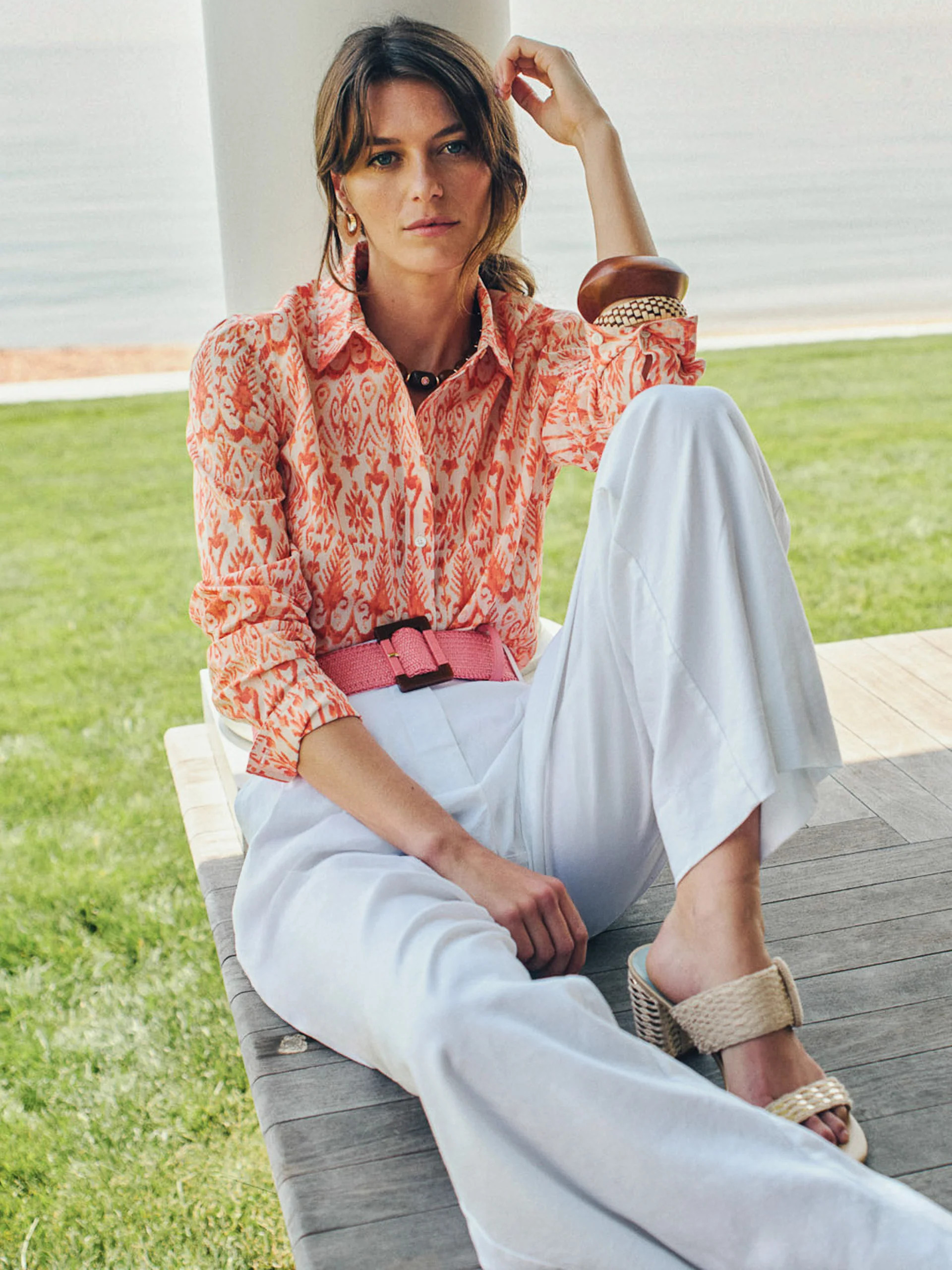 Cream/Orange Mini Jewel Ikat Bold Lois Shirt | Women's Tops | J.McLaughlin | J.McLaughlin
