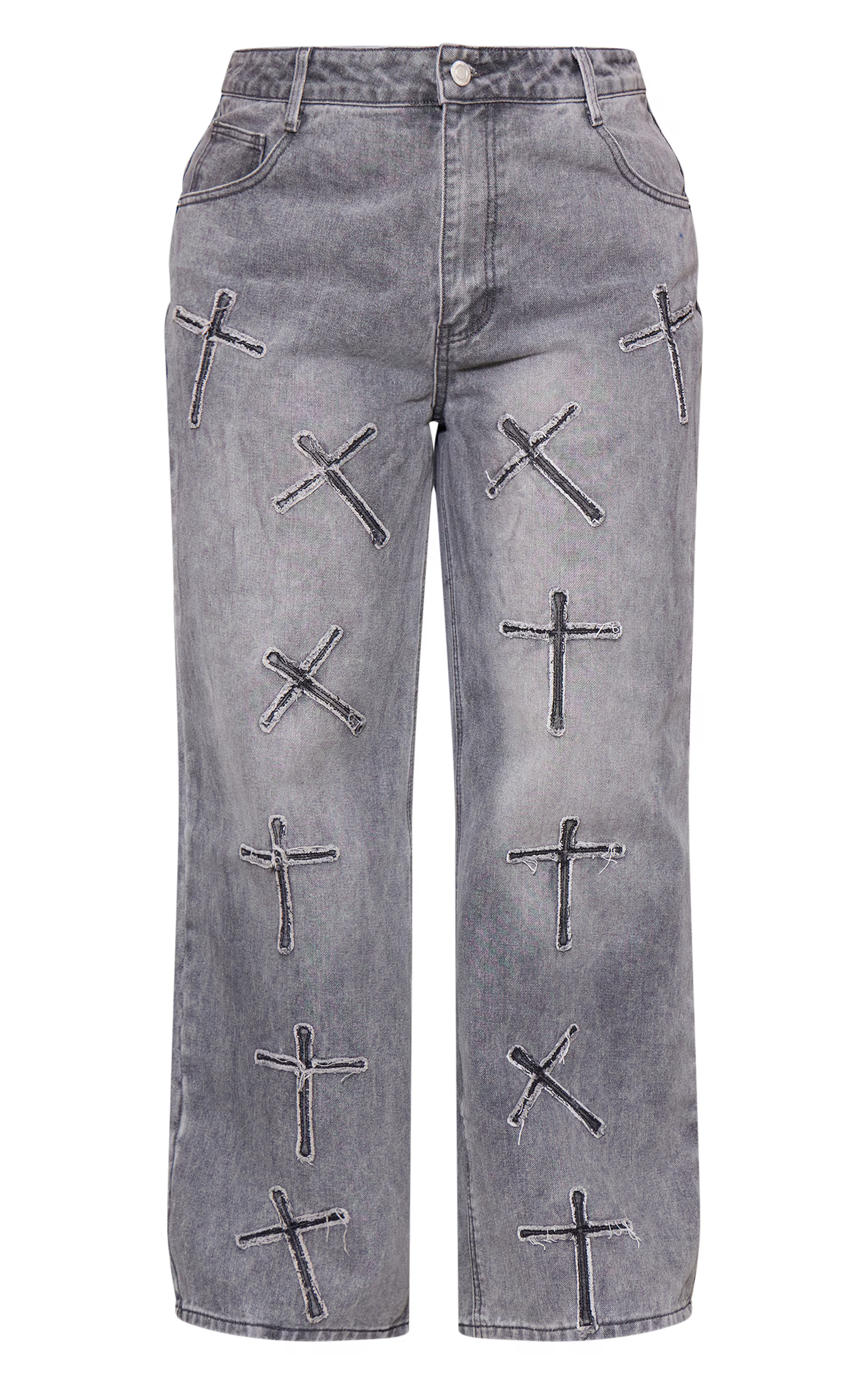 Plus Washed Black Cross Applique Detail Wide Leg Jeans | PrettyLittleThing US