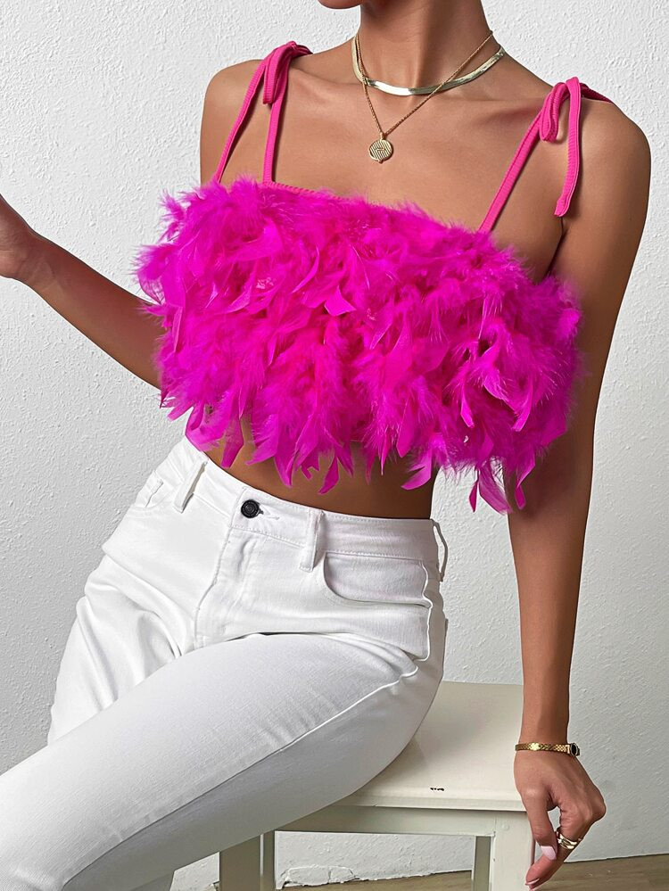 Top de tirantes ribete lanudo de hombros con cordón | SHEIN