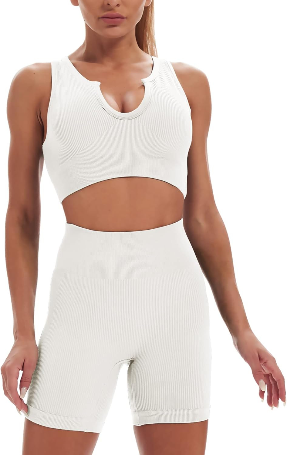 YVYVLOLO Workout Sets for Women 2 Piece Seamless Ribbed Sports Bra High Waist Yoga Shorts Outfits | Amazon (US)