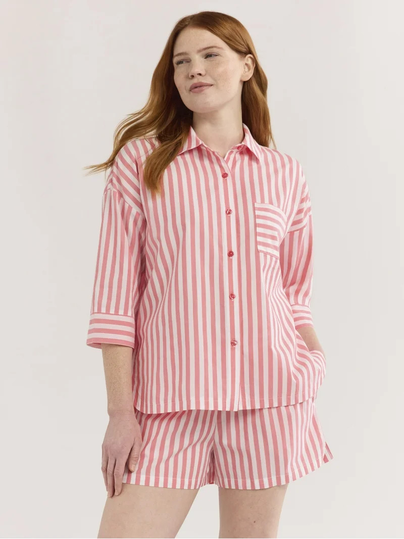 Joyspun Women’s Woven ¾ Sleeve Notch Collar Top and Boxer Shorts Pajama Set, Sizes XS-3X | Walmart (US)