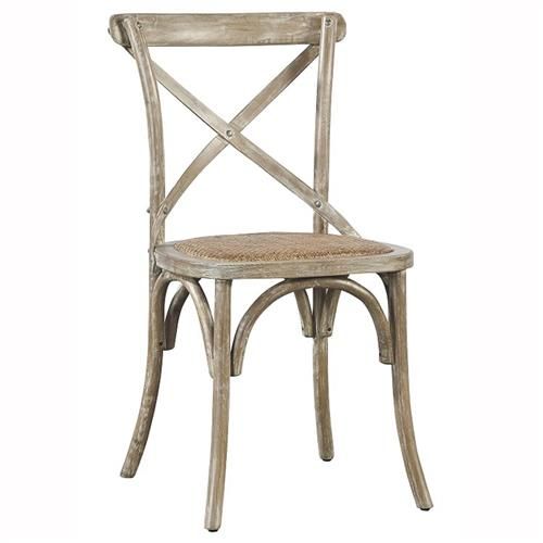 Maze Soft Grey Oak Wood Brown Woven Seat Metal Cross Back Dining Side Chair | Kathy Kuo Home
