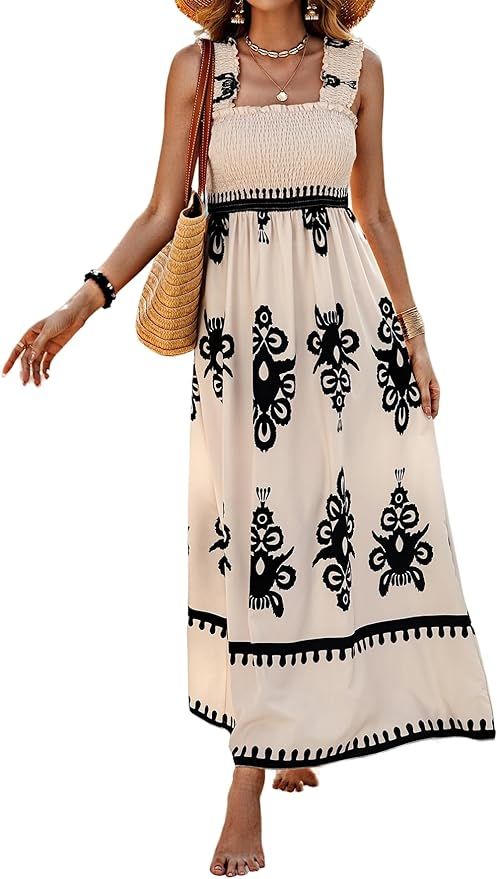 SHENHE Women's Smocked Sleeveless Flowy Tribal Print Summer Boho Vacation Maxi Dress | Amazon (US)