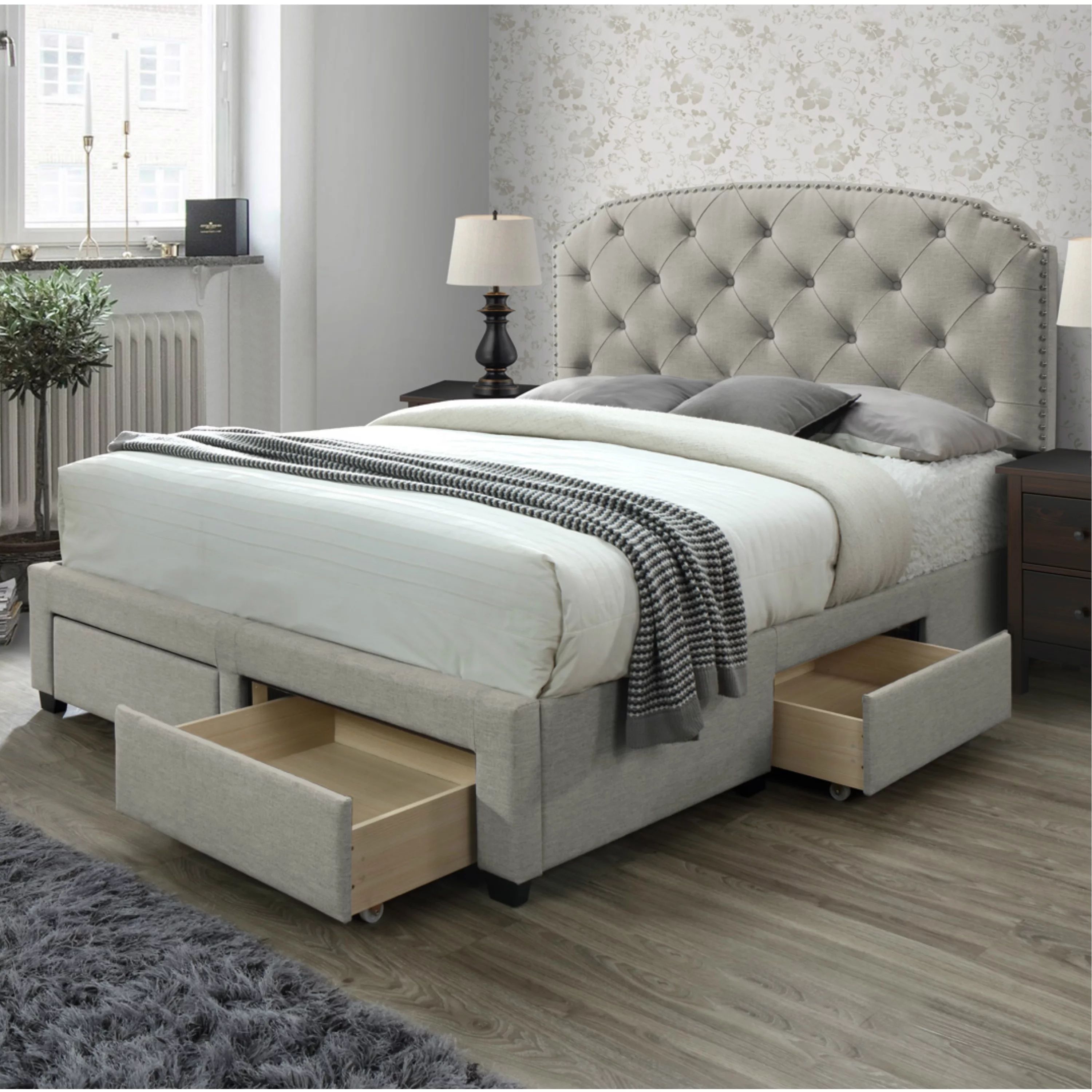 DG Casa Argo Tufted Upholstered Panel Bed Frame with Storage Drawers and Nailhead Trim Headboard,... | Walmart (US)