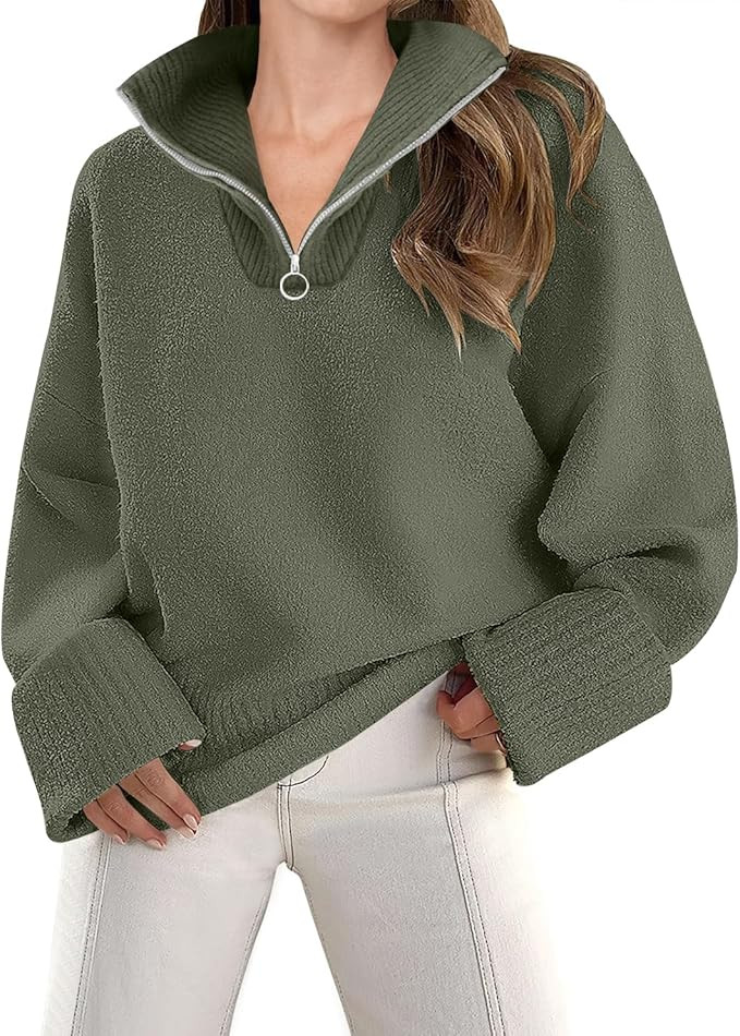 ZESICA Women's 2024 Winter Long Sleeve 1/4 Zipper V Neck Loose Fuzzy Knitted Chunky Warm Pullover... | Amazon (US)
