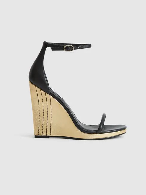 Reiss Black/Gold Ashton Suede Wedge Sandals | Reiss US