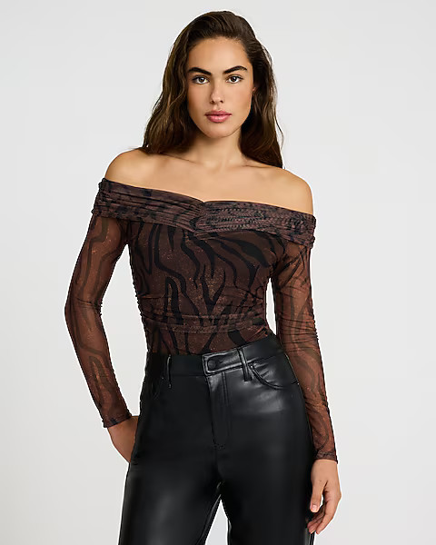 Zebra Mesh Off The Shoulder Ruched Bodysuit | Express