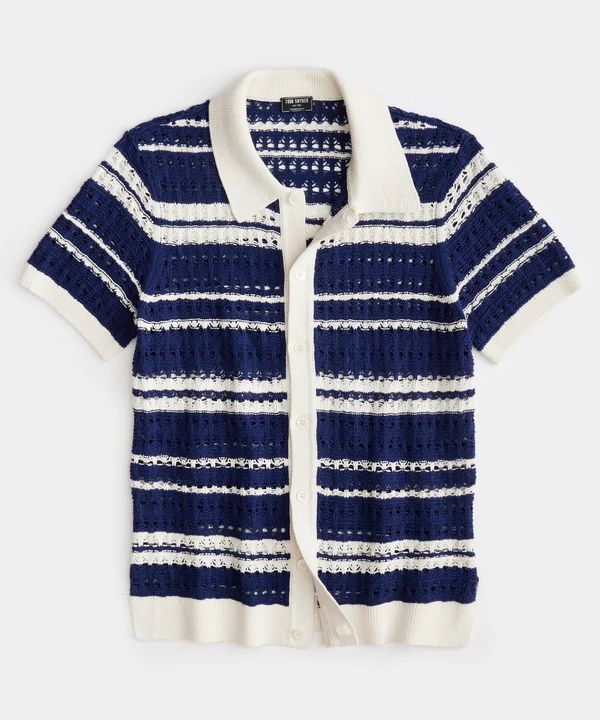 Open-Knit Stripe Full-Placket Polo in Classic Navy | Todd Snyder