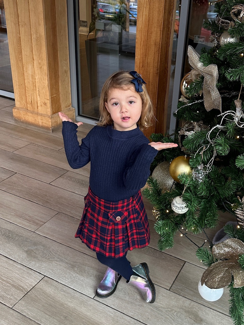 Kids Christmas outfit, Tu Clothing, kids Dr Matens, DM boots, holographic boots, navy and tartan outfit, kids tartan skirt, festive outfit, girls outfits

#LTKfamily #LTKSeasonal #LTKkids