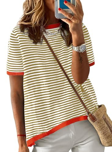 Dokotoo Womens Summer Tops Casual Crewneck Short Sleeve Striped Color Block Knitted High Low Tren... | Amazon (US)