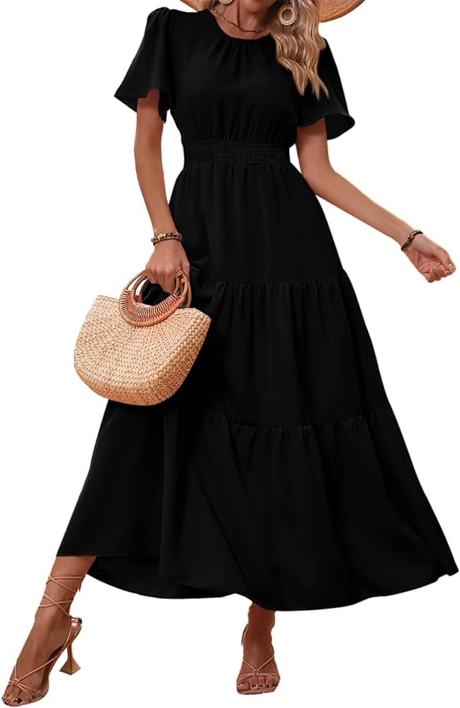 PRETTYGARDEN Women's Summer Casual Short Flutter Sleeve Round Neck Smocked Waist Tiered Boho Flor... | Amazon (US)