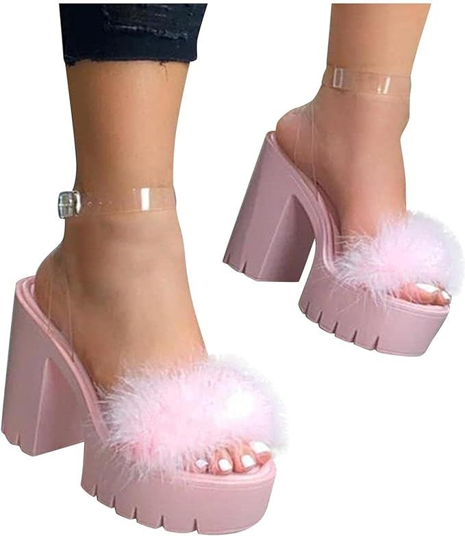Aniywn Womens Platform Faux Fur Sandals Chunky Heel Open Toe Ankle Strap Summer High Heeled Dress Pu | Amazon (US)