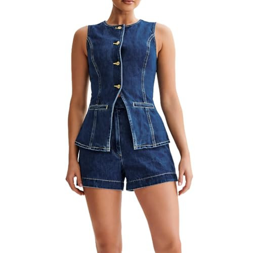 Womens Denim 2 Piece Set Sleeveless Button Down Vest Tops Short Pants Suit Sets | Amazon (US)