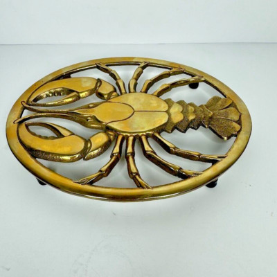 Vtg 1980 Gorham Solid Brass LOBSTER TRIVET Nautical Footed Oval 8" L | eBay US