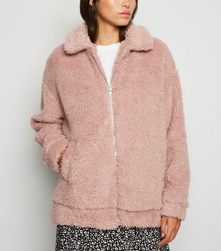 Pink Faux Teddy Fur Bomber Jacket Add to Saved Items Remove from Saved Items | New Look (UK)