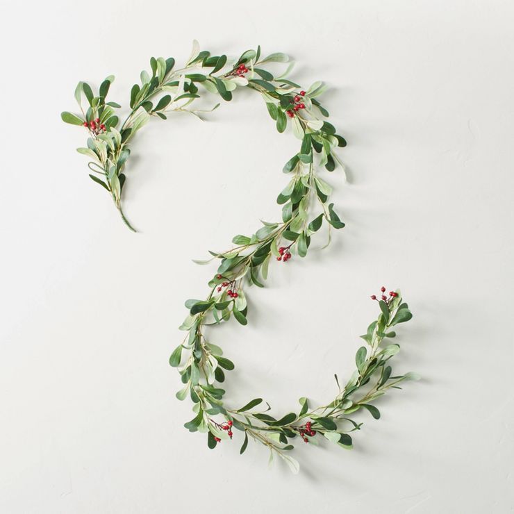 6&#39; Mistletoe with Winterberries Seasonal Faux Garland Green/Red - Hearth &#38; Hand&#8482; wi... | Target