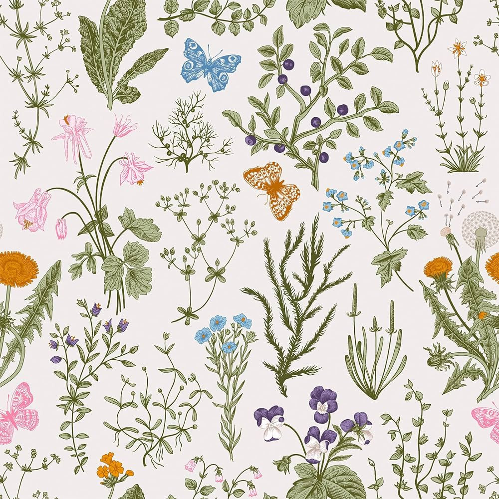 VEELIKE 17.7''x118'' Botanical Herbs Floral Wallpaper Mural Vintage Butterfly Wildflowers Floral ... | Amazon (US)