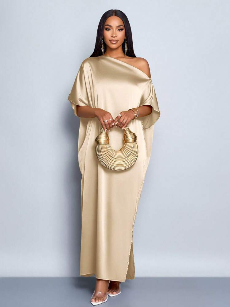 SOLERSUN Women's Elegant Asymmetrical Neck Solid Color Long Shoulder Strap Casual Satin Dress | SHEIN