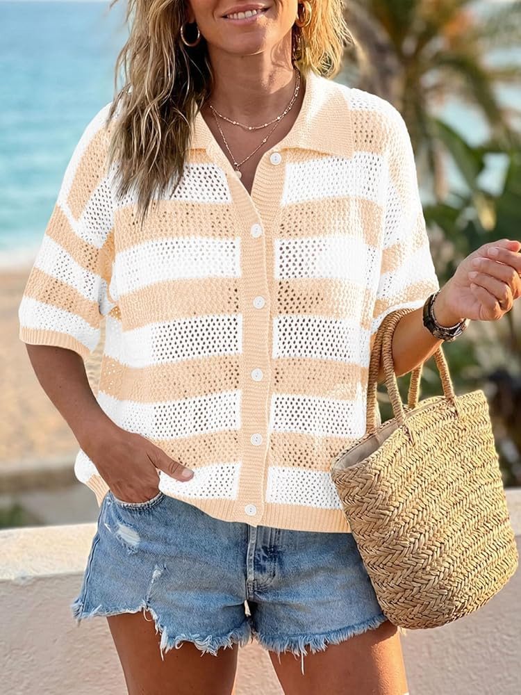 Cicy Bell Womens Summer Striped Crochet Cardigan Sweater Half Sleeve Button up Tops Loose Fit Cov... | Amazon (US)