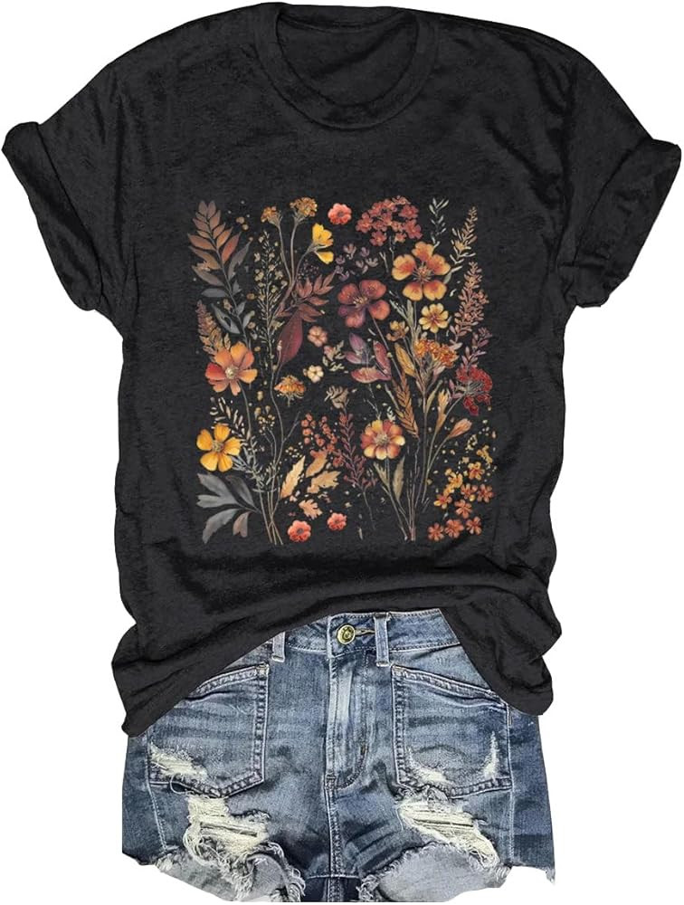 Women's Boho Flower T Shirt Vintage Flowers Printed Shirt Colorful Wildflower Graphic Tee Casual ... | Amazon (US)