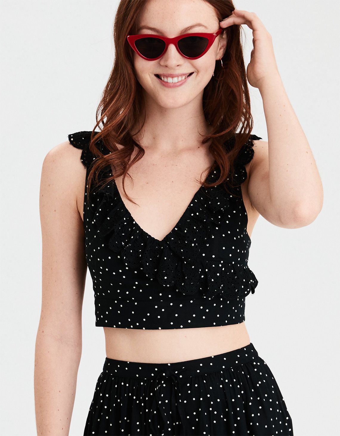 AE Lace Ruffle Crop Top, Black | American Eagle Outfitters (US & CA)